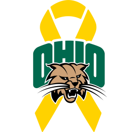 Ohio Univeristy Bobcat logo in front of a yellow ribbon