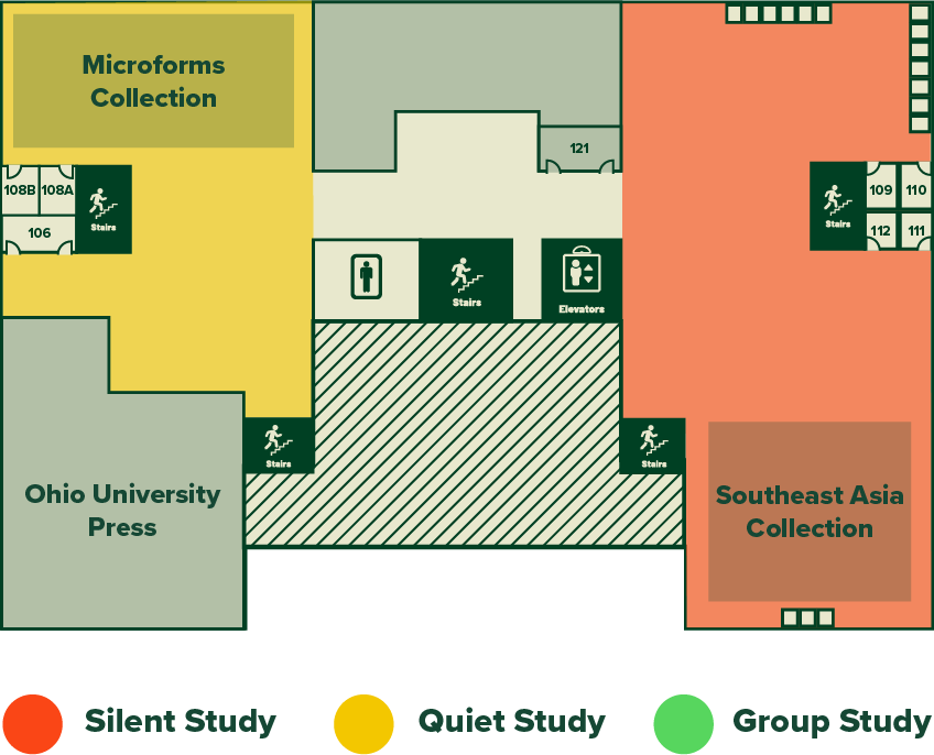Visual map of Alden Library's 1st floor, indicating noise level and main features listed below.