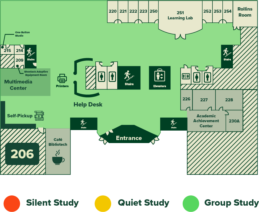 Visual map of Alden Library's 2nd floor, indicating noise level and main features listed below.