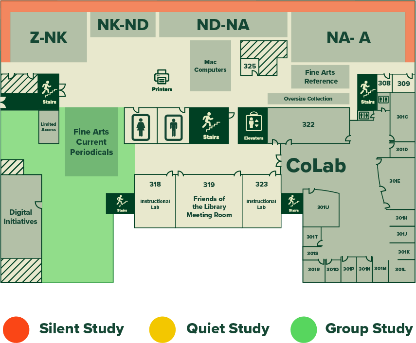 Visual map of Alden Library's 3rd floor, indicating noise level and main features listed below.