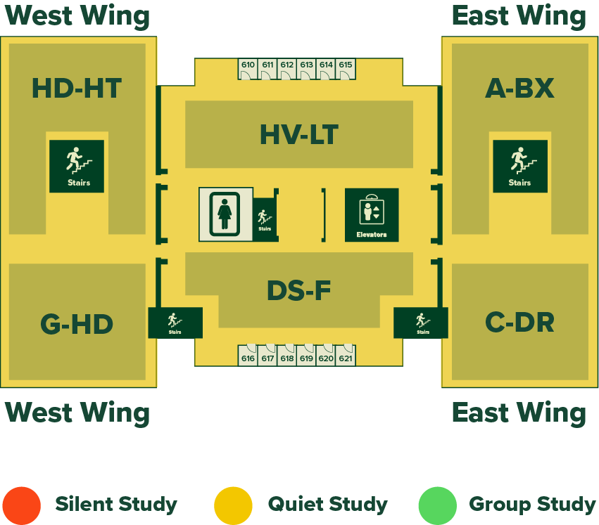 Visual map of Alden Library's 6th floor, indicating noise level and main features listed below.