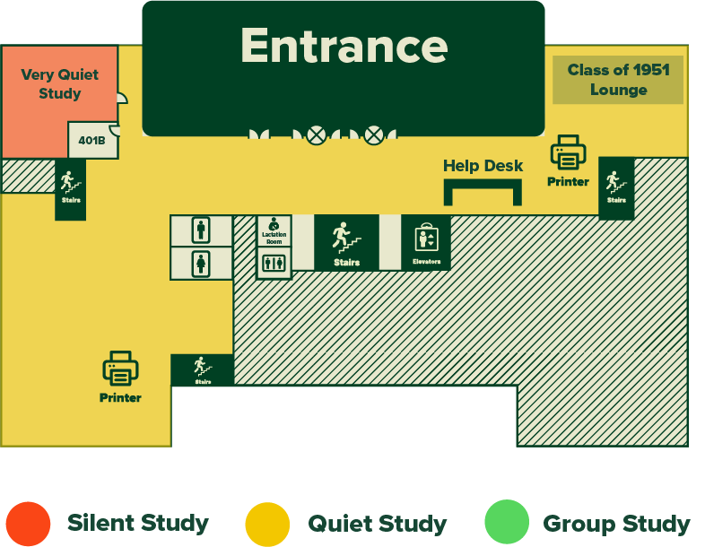 Map of Alden Library's 4th floor showing features as described below.