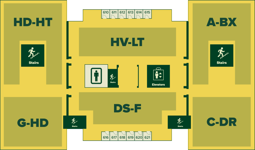 Visual representation of the layout of the 6th floor and features as described below