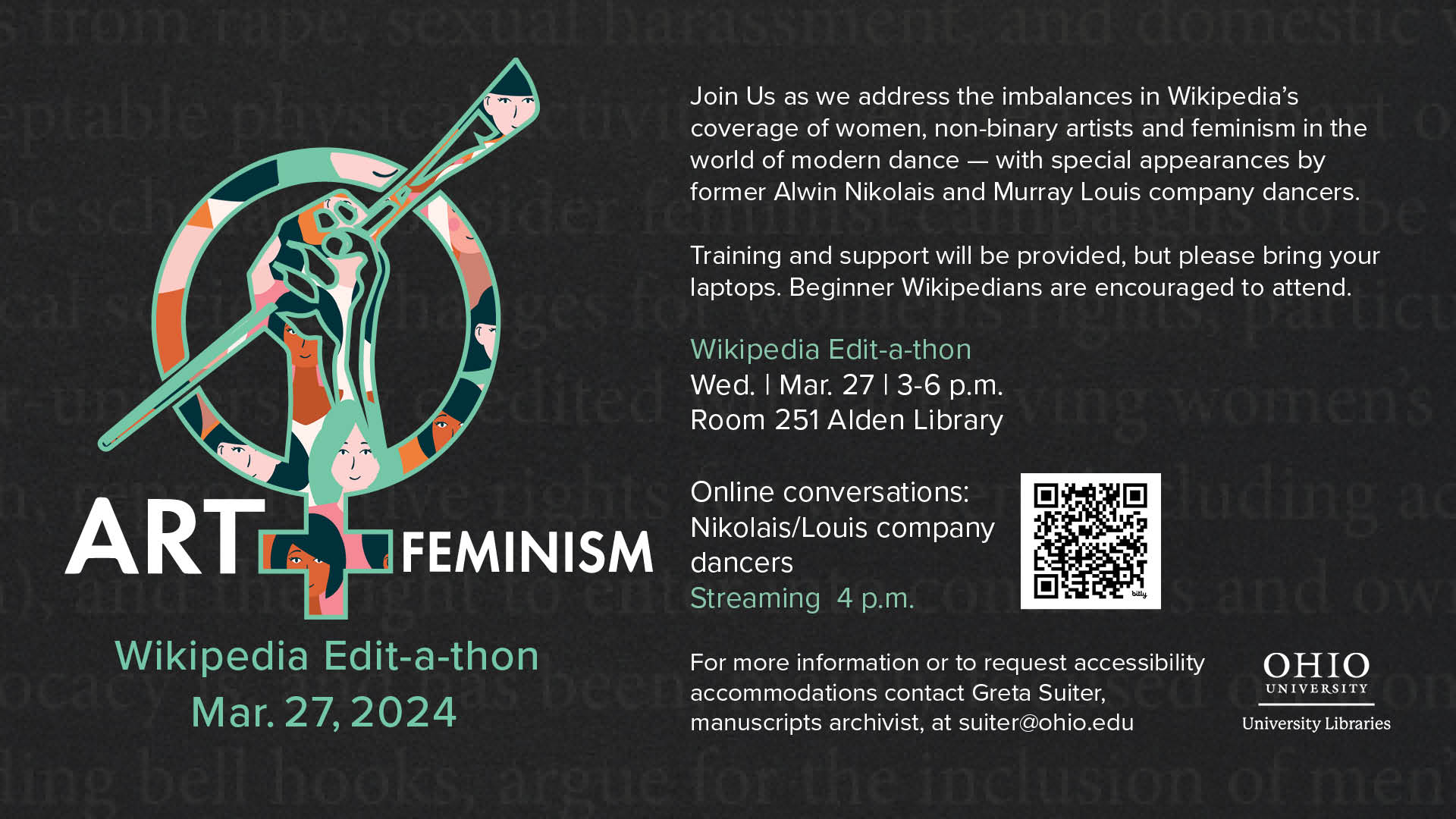 Art plus feminism informational banner image with event details as described on the rest of this page