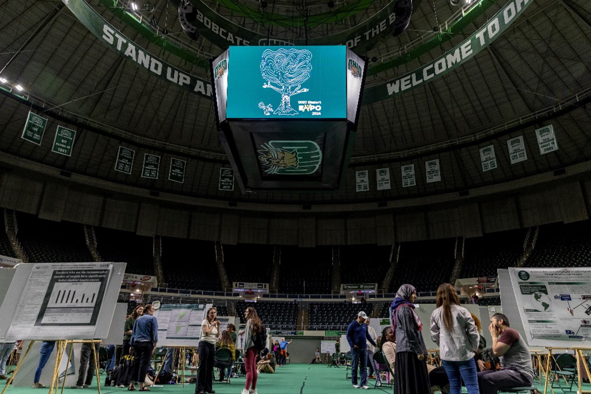 Photo of the main area of the Convocation Center with 2024 Student Expo research posters on display