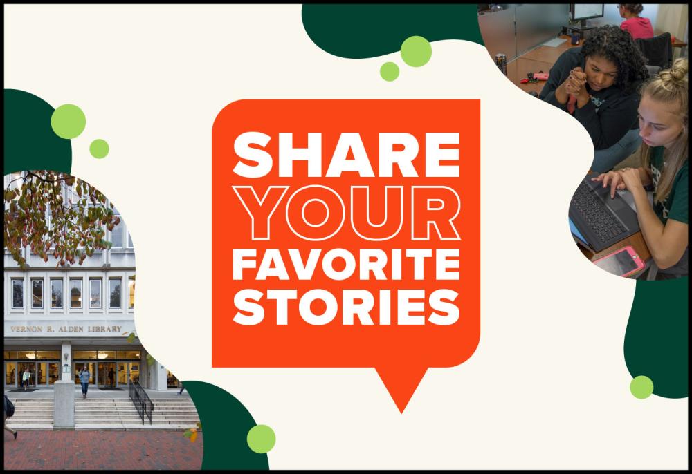 Red speech bubble that says share your favorite stories