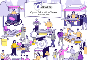 Graphic of people walking around event tables for Open Education Week 2026
