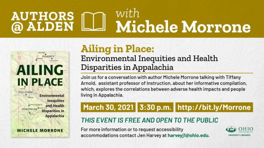 Poster for Authors @ Alden event, "Ailing in Place" with Michele Morrone