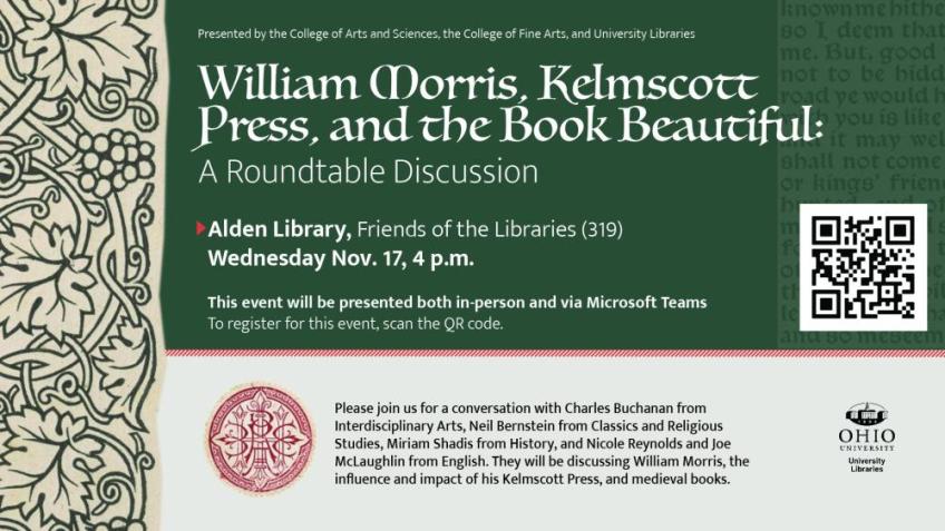 Poster for the "William Morris, Kelmscott Press, and the Book Beautiful" event, featuring ornate illustrations in green, red, and ivory