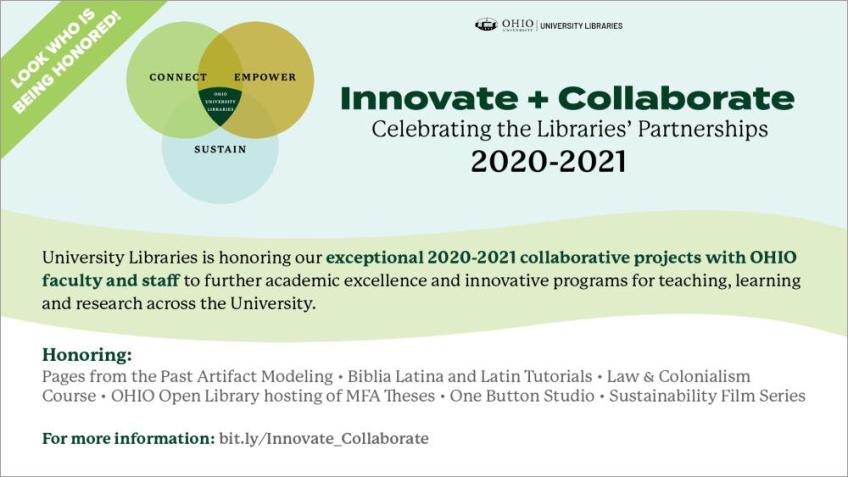 Poster for Innovate + Collaborate: Celebrating the Libraries' Partnerships, 2020-2021