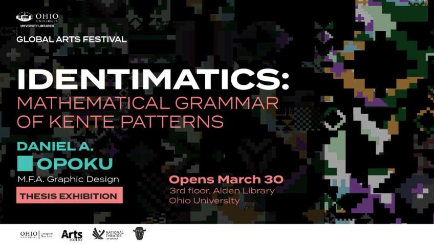 Poster for the Identimatics: Mathematical Grammar of Kente Patterns exhibit