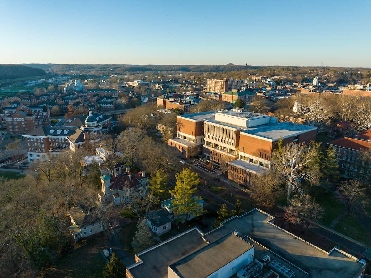 Aerial view of the Alden Library building on Ohio University's Athens campus