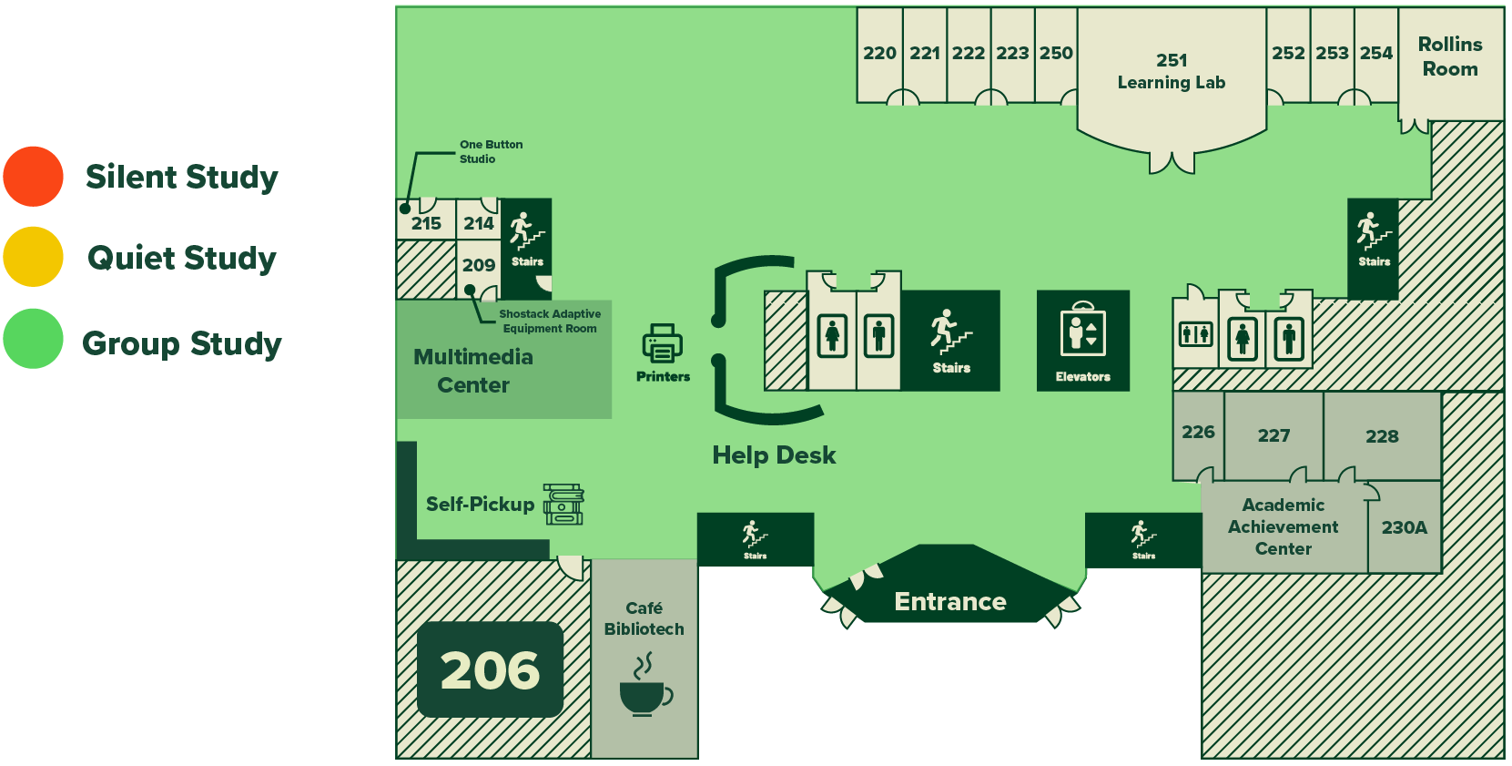 Visual map of Alden Library's 2nd floor, indicating noise level and main features.