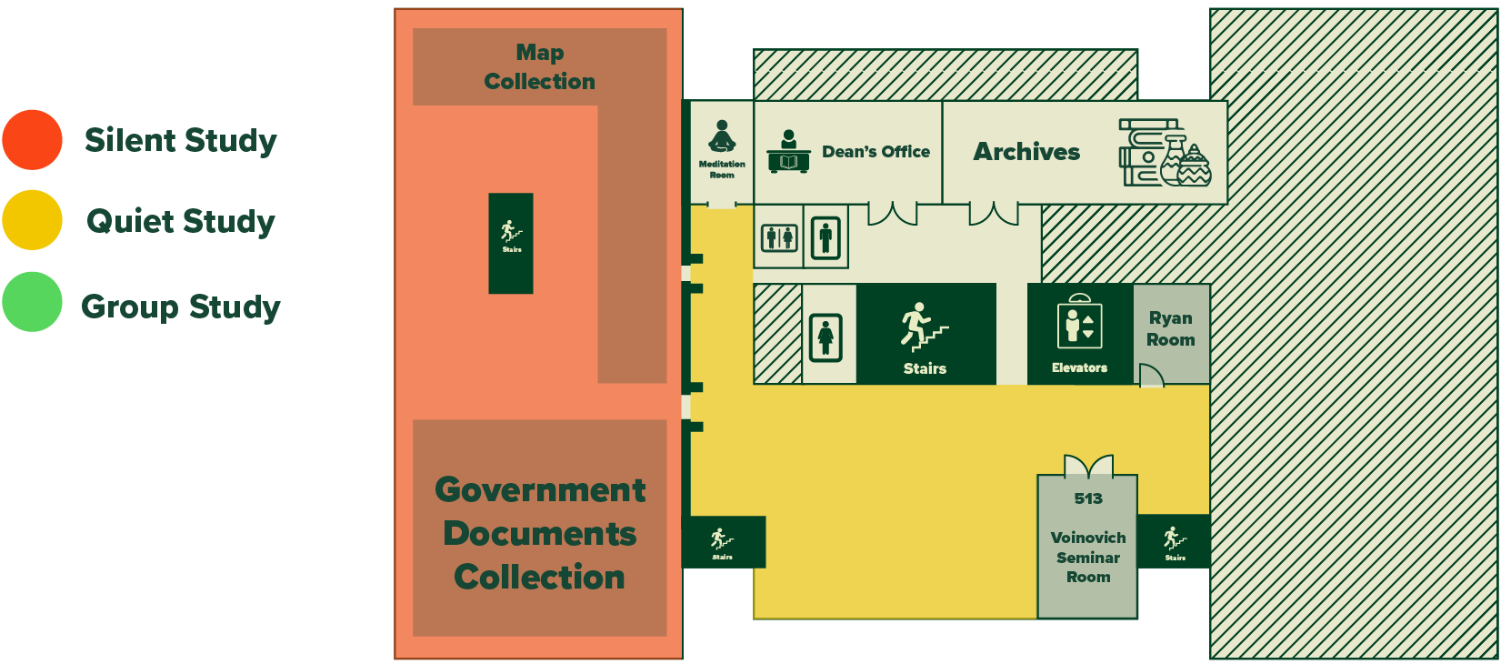 Visual map of Alden Library's 5th floor, indicating noise level and main features.