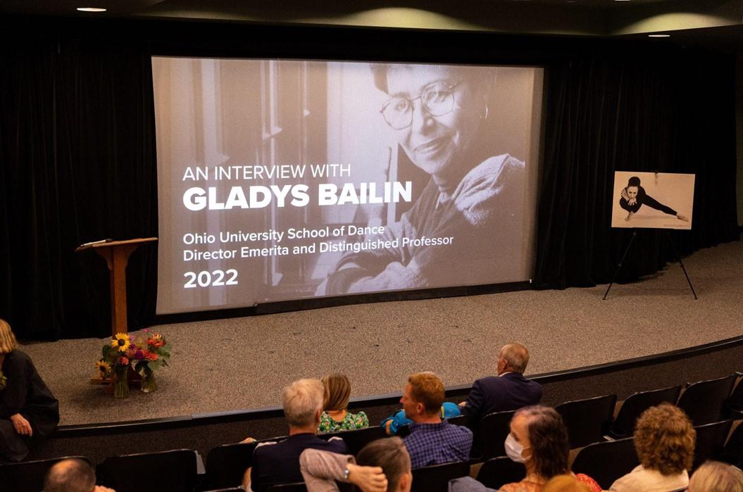 Picture of the An Interview with Gladys Bailin video on the big screen at the Athena