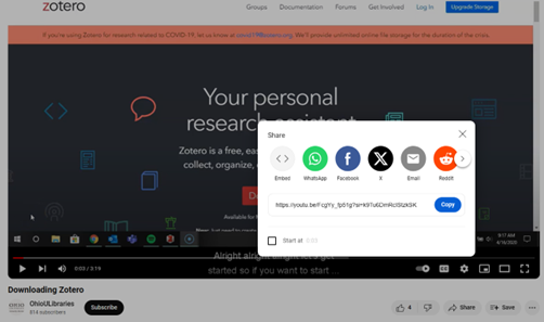 YouTube share screen showing Share dialog for a video