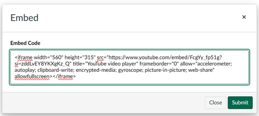 Canvas screen showing Embed dialog with embed code for a video