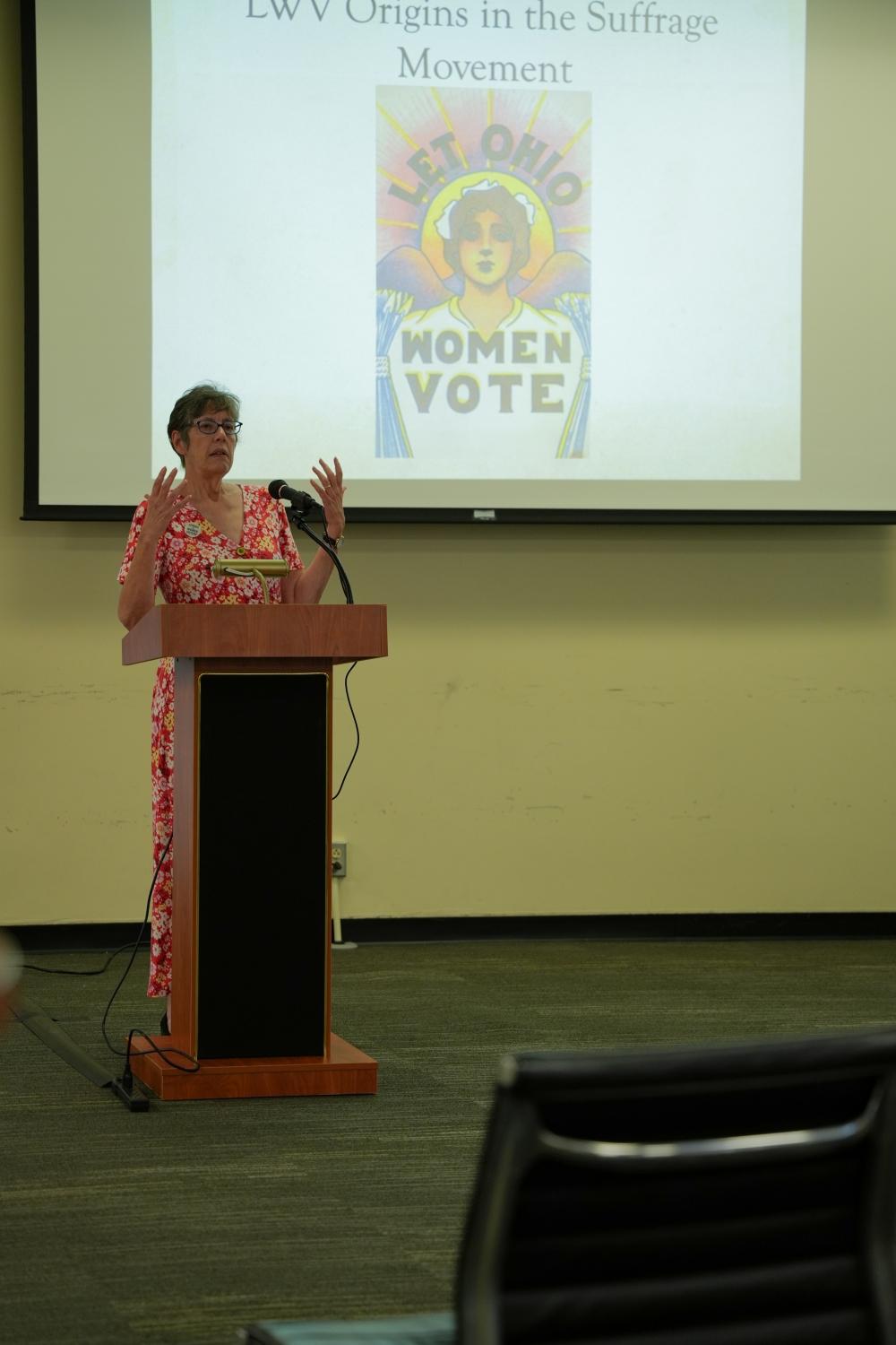Professor Emerita Katherine Jellison gives remarks about women’s voting history in Ohio to commemorate the opening of the “Venturing into Voting” exhibit. 