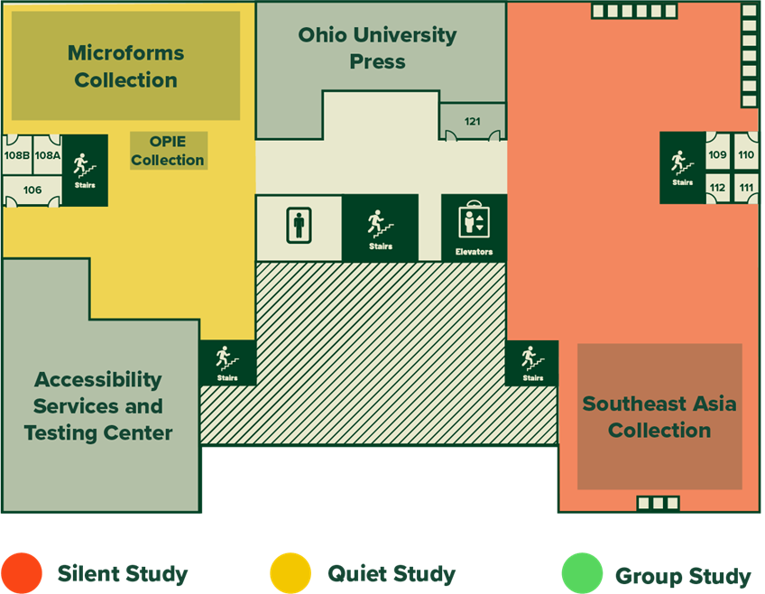 Map of the first floor of Alden Library with study rooms, Ohio University Press, Accessibility Services and Testing Center, and other units