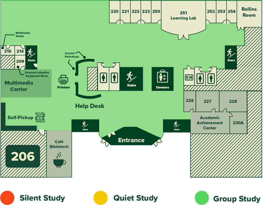 Map of the 2nd floor of Alden library showing study rooms, Multimedia Center, service desk, Self-Pickup shelves, cafe, and other units