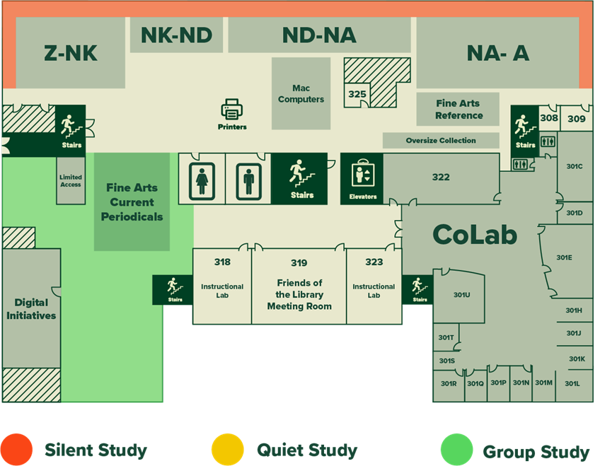 Floor plan map of the third floor of Alden library showing the locations of CoLab, the Fine Arts collection, meeting rooms, and other units