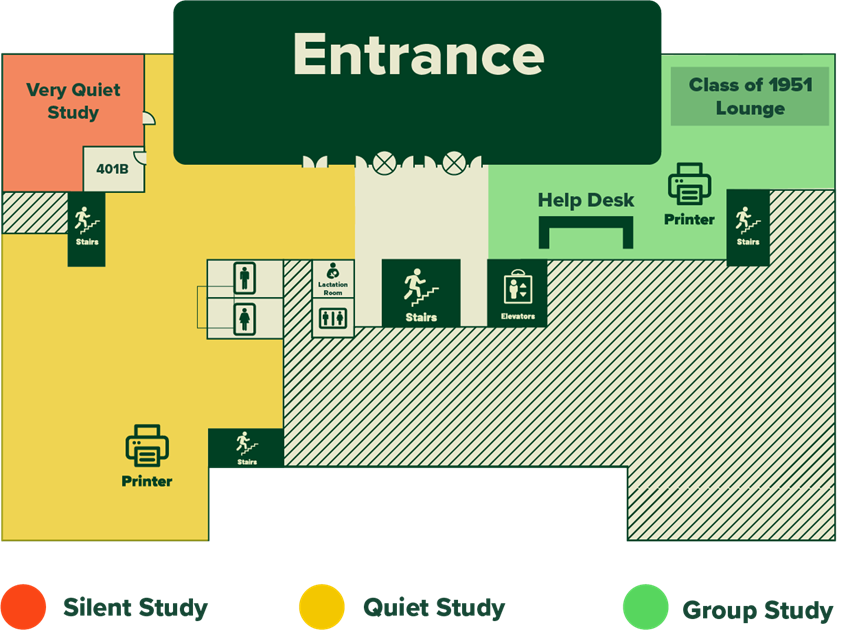 Floor plan map of the 4th floor of Alden library showing the location of the help desk, Very Quiet Study room, 1951 lounge, and other units