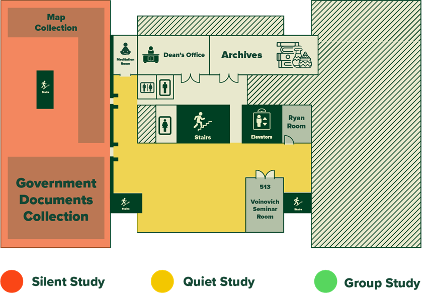 Floor plan of the 5th floor of Alden library showing the location of Government Docs, Ryan Room, Archives, Map Collection, and other units