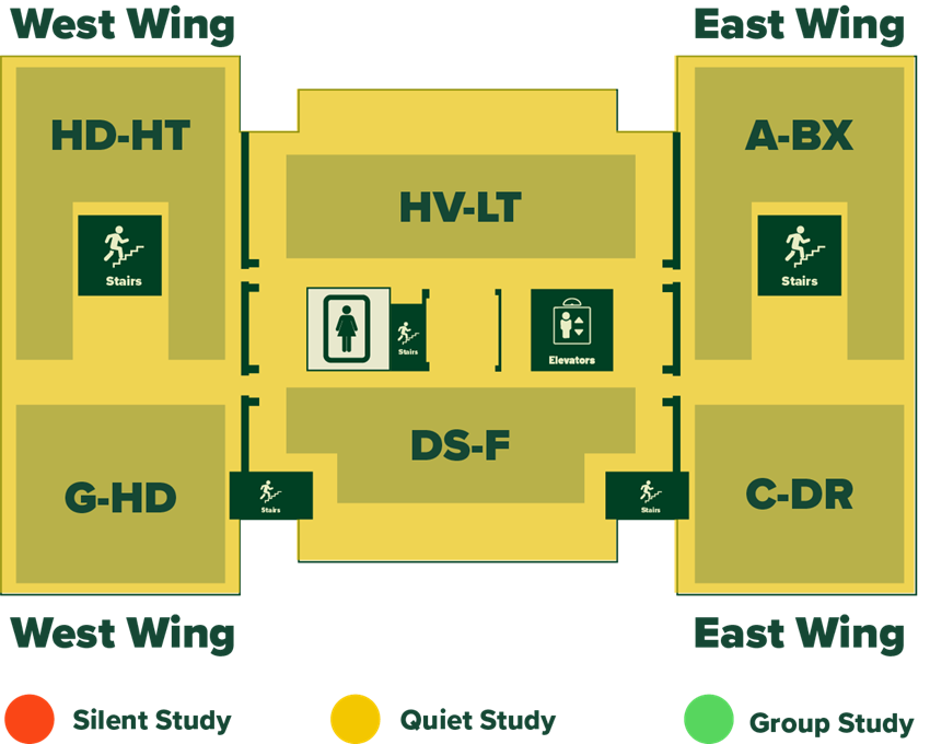 Floor plan of the 6th floor of Alden library showing the location of restrooms and sections of the collection by Library of Congress class