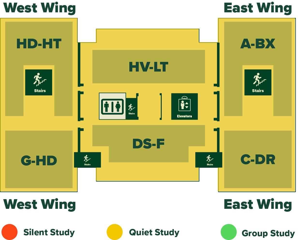 Floor plan of the 6th floor of Alden library showing the location of restrooms and sections of the collection by Library of Congress class