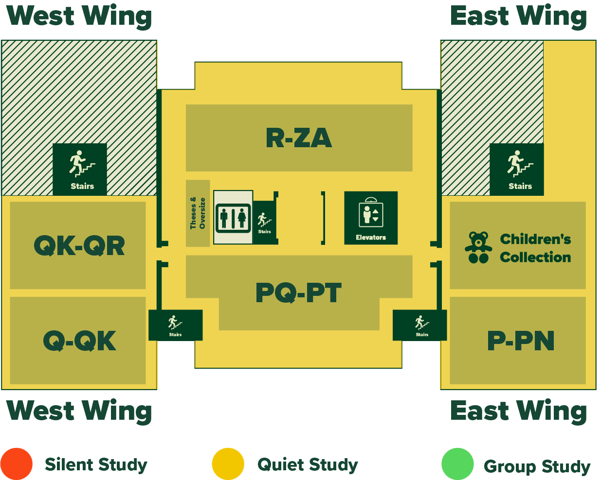 Floor plan of the 7th floor of Alden library showing the location of restroom, the Children's collection, and sections of the collection by Library of Congress class