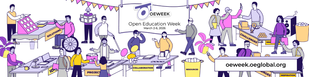 Graphic of people walking around event tables for Open Education Week 2026