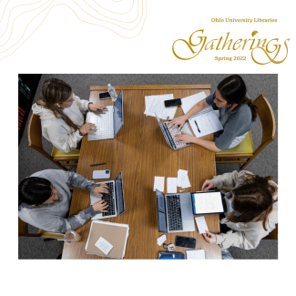 Cover of Gatherings Magazine Spring 2022 issue featuring an overhead shot of four young women sitting at a table with laptops and study materials