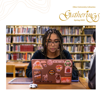 Cover of Gatherings Magazine, Spring 2023 depicting a young woman using a laptop