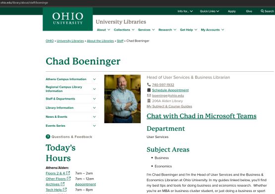 A screenshot of Business Librarian Chad Boeninger's library staff page 