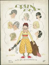 Green Goat Cover 1930: features a cartoon drawing of a young man surrounded by floating images of the heads of young women, captioned "Is Sex Necessary?"