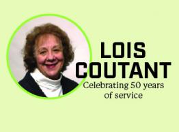 Portrait of Lois Coutant with the words "Lois Coutant: Celebrating 50 years of service"