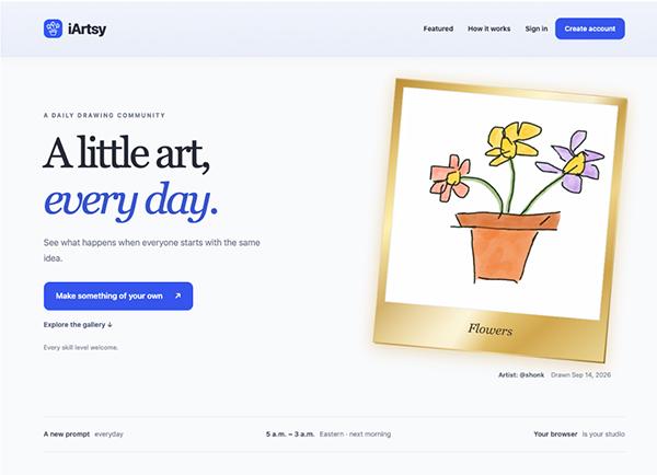 The iArtsy homepage displaying a sketch of potted flowers next to the headline, "A little art, every day."