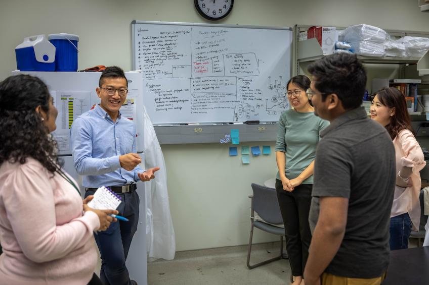 Faculty member teaching at whiteboard with onlooking students.