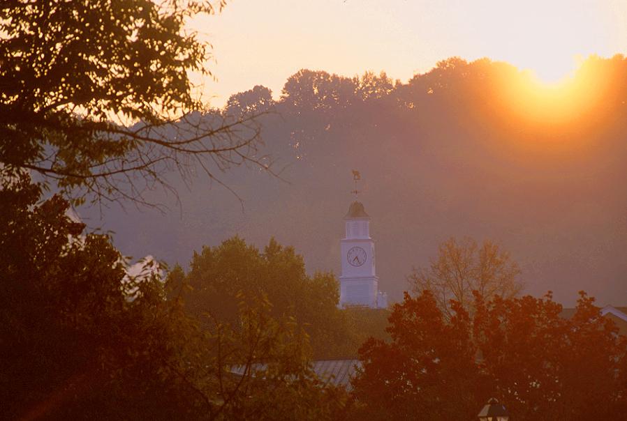 The sun rises over Ohio University's Athens campus
