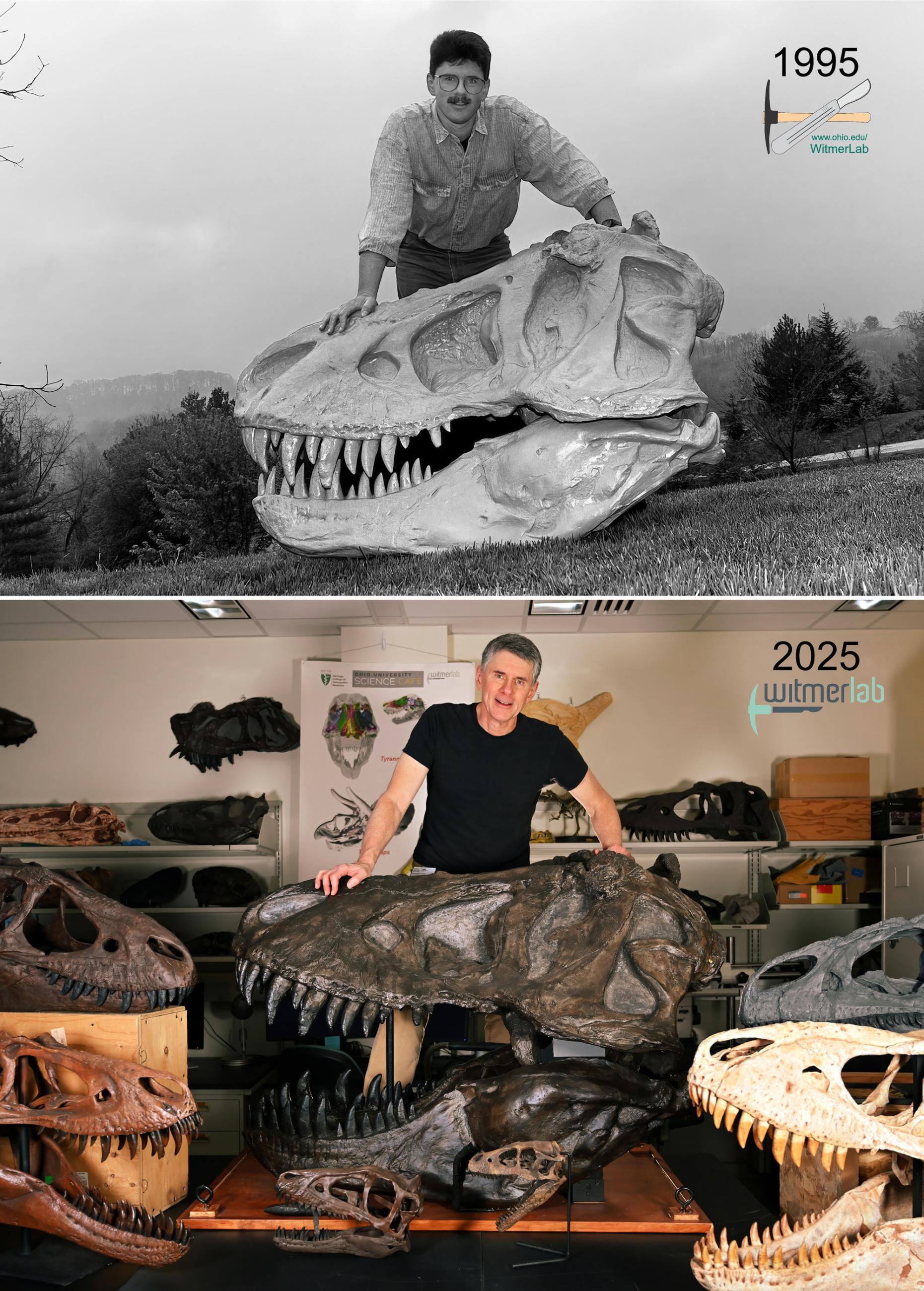 Larry Witmer poses with skull in then and now images