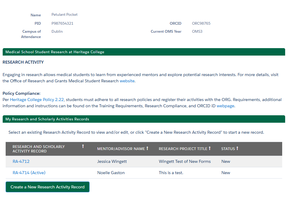 screenshot of elective research rotation application