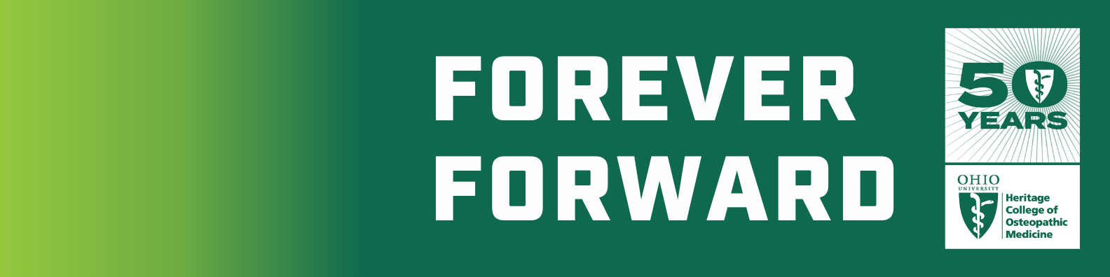 A LinkedIn cover image with the words "Forever Forward" and the Heritage College 50th Anniversary mark