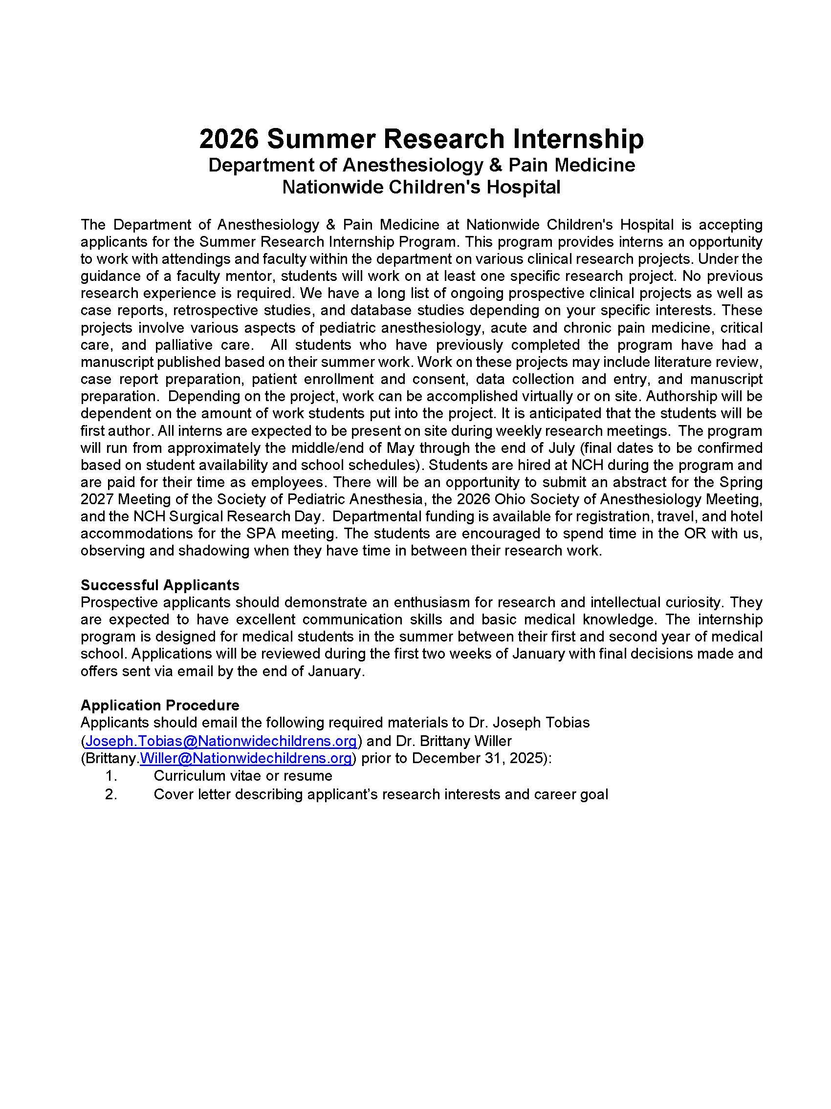 Flyer for 2026 Summer Research Internship at Nationwide Children’s Hospital.