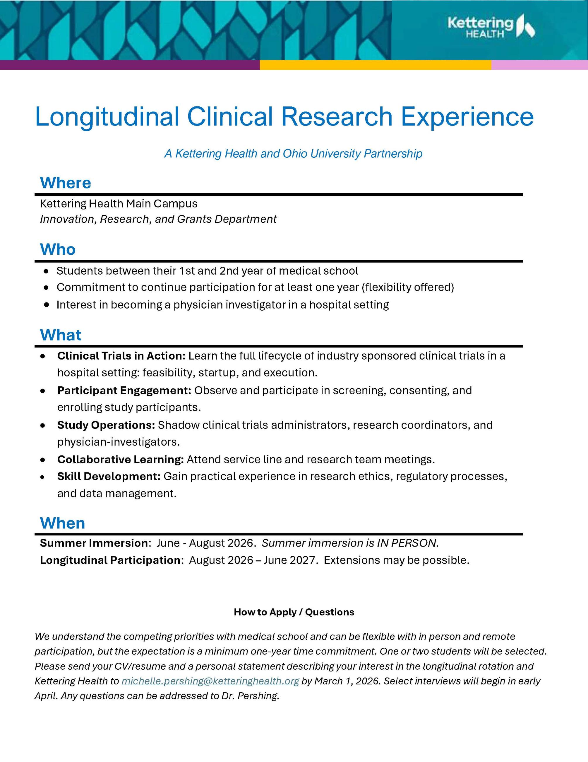 Flyer for Kettering Health & Ohio University’s Longitudinal Clinical Research program for med students.