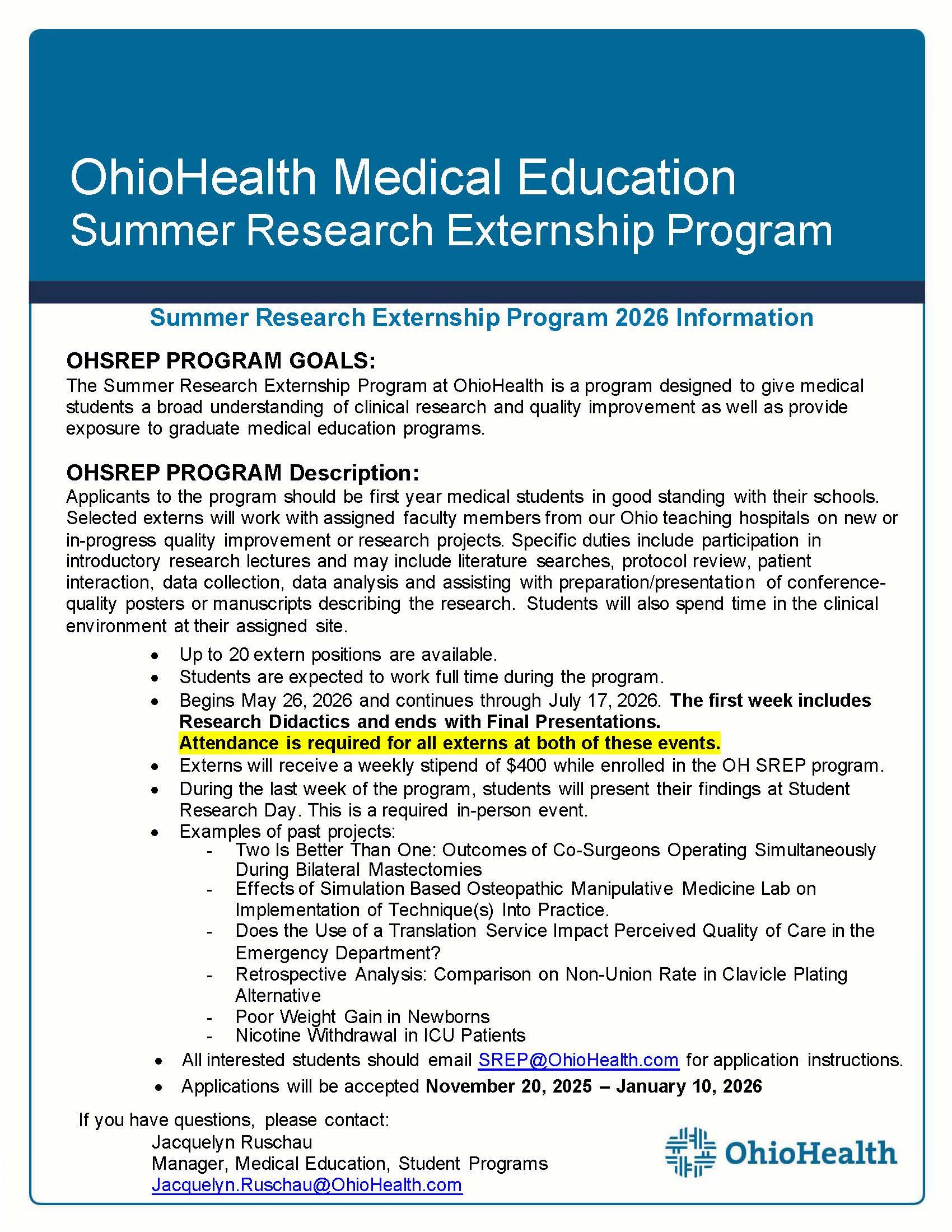 Flyer for OhioHealth 2026 Summer Research Externship Program with details