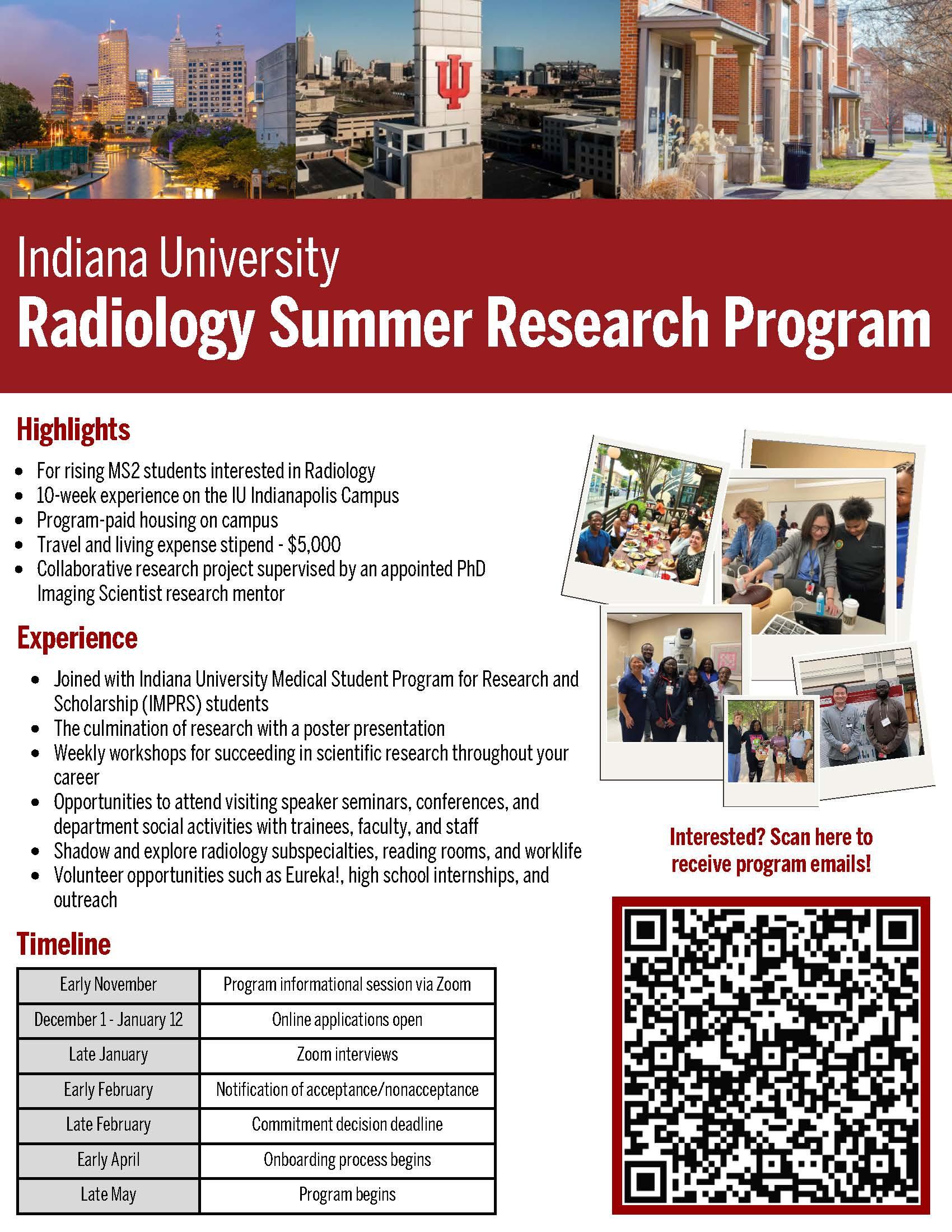 Indiana University flyer for Radiology Summer Research Program with highlights, timeline, photos, and QR code.