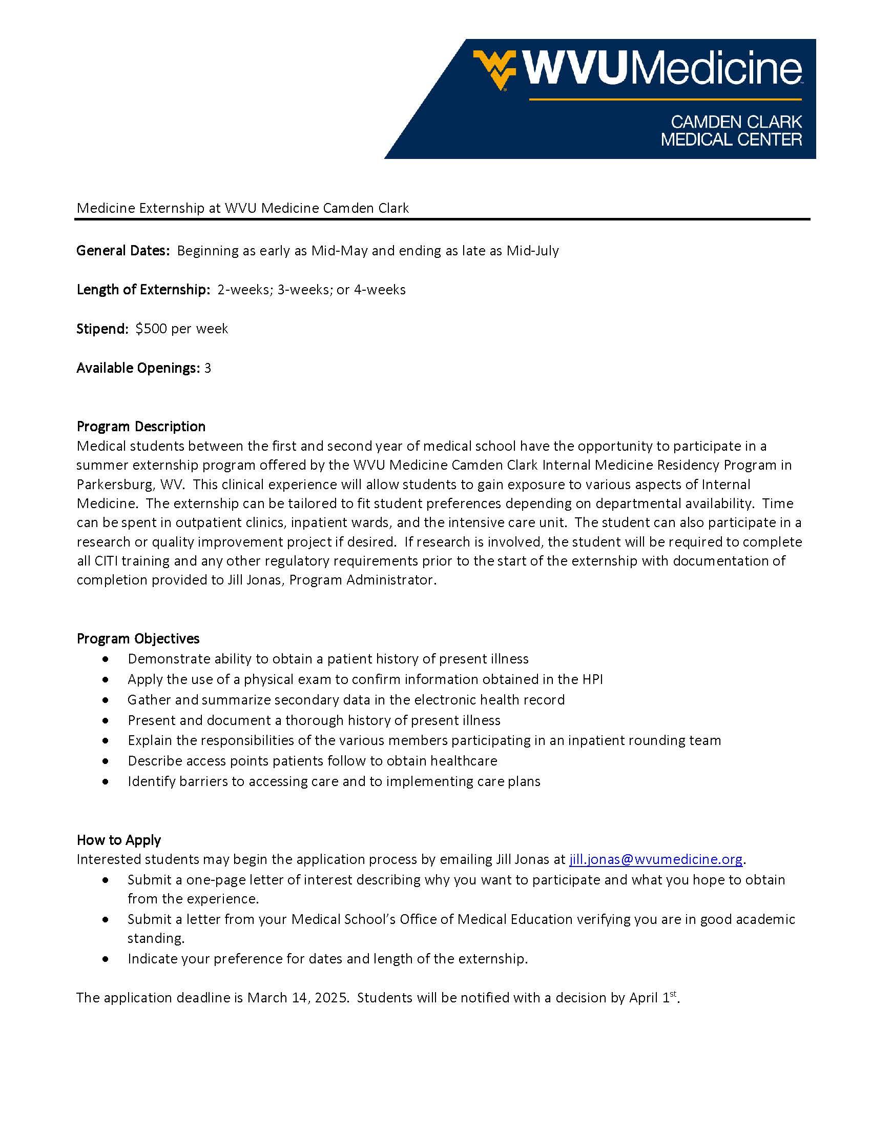 WVU Medicine Camden Clark Medical Center medicine externship flyer detailing program dates, length options, $500 weekly stipend, program description, learning objectives, and application process.