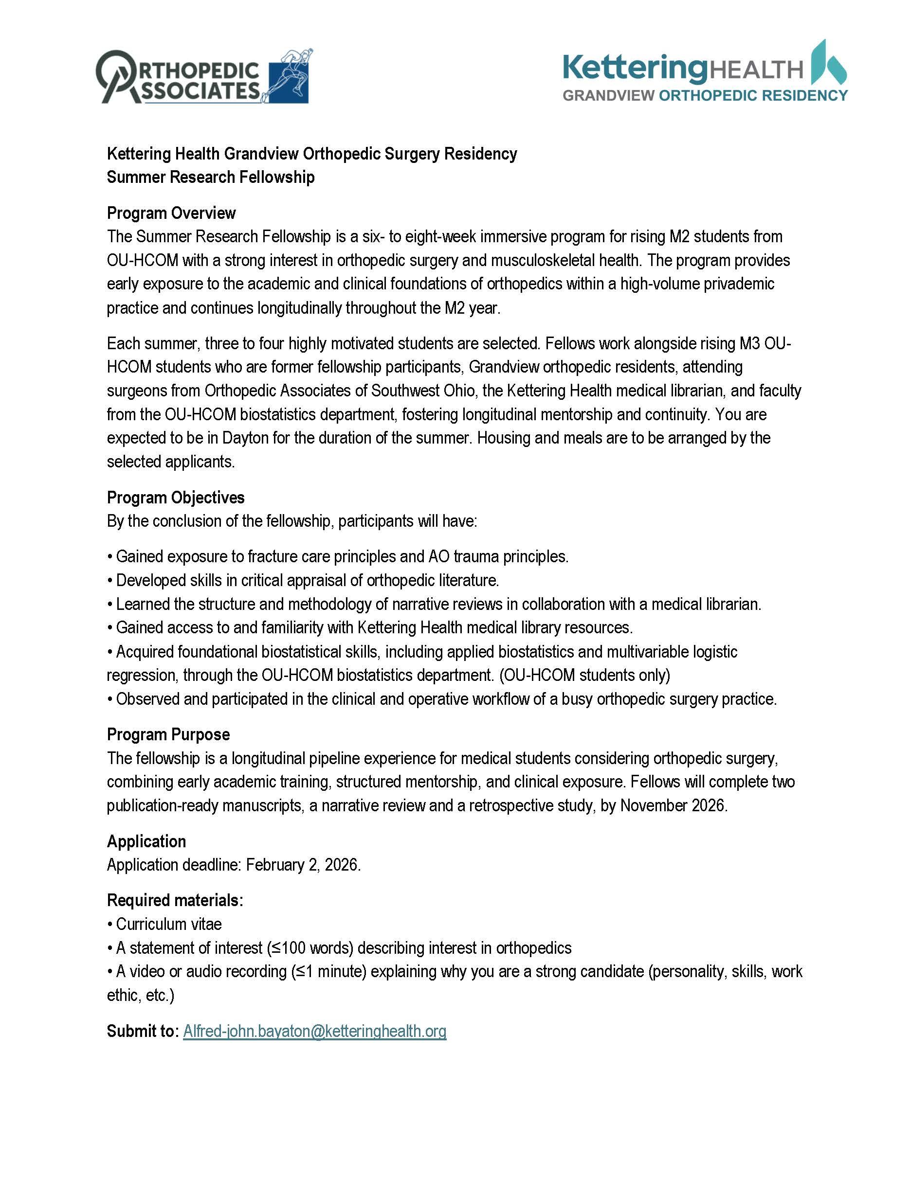 Flyer for Kettering Health orthopedic summer research fellowship for OU-HCOM students; deadline Feb 2, 2026.
