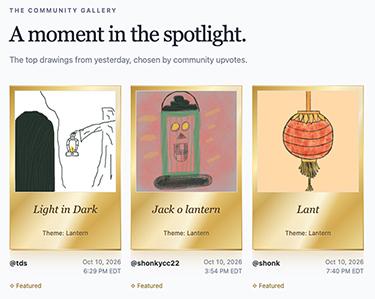 Three user sketches of lanterns displayed in gold frames in the iArtsy community gallery.