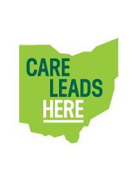 The words "Care Leads Here" in green silhouette of Ohio